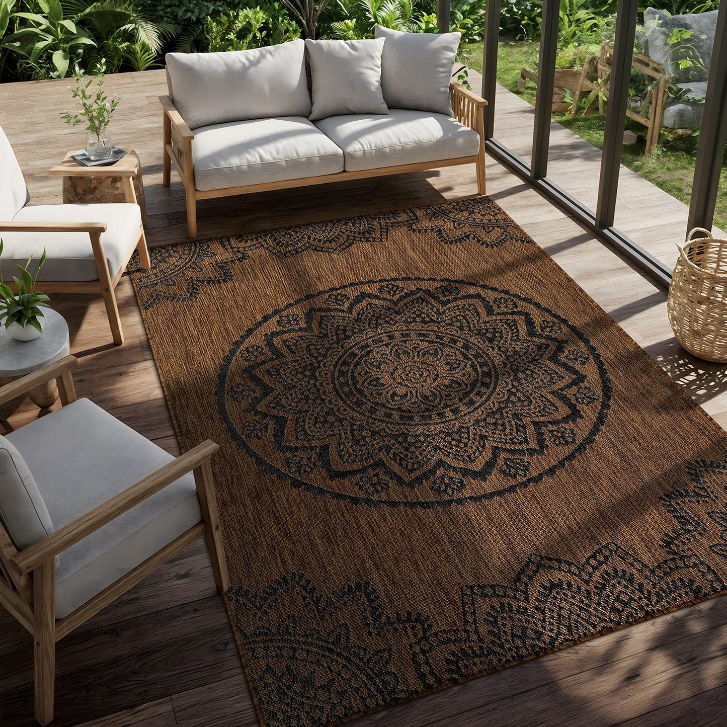 CAMILSON Outdoor Rug 8x10 Modern Area Rugs for Indoor and Outdoor Patios and Porches - Waterproof Washable Non-Shedding Easy-to-Clean Outside Carpet (8 x 10 Medallion - Gold/Black)