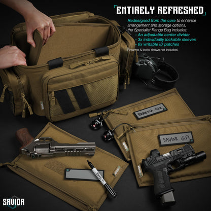 Savior Equipment Specialist Series Tactical Triple Pistol Shooting Range Hunting Duffle Bag Gun Carrying Case, Rigid Compartment Frame, Lockable Zippers (Dark FDE, 18" x 9" x 12" Range Bag)
