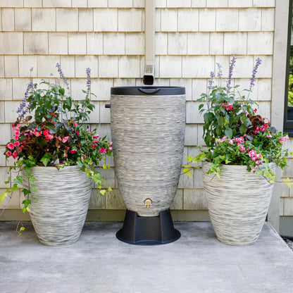 Newport 50‑Gallon Flat‑Back Rain Barrel with Stand & Planter Bundle – Slate | Removable Lid, UV-Stabilized Outdoor Water Storage