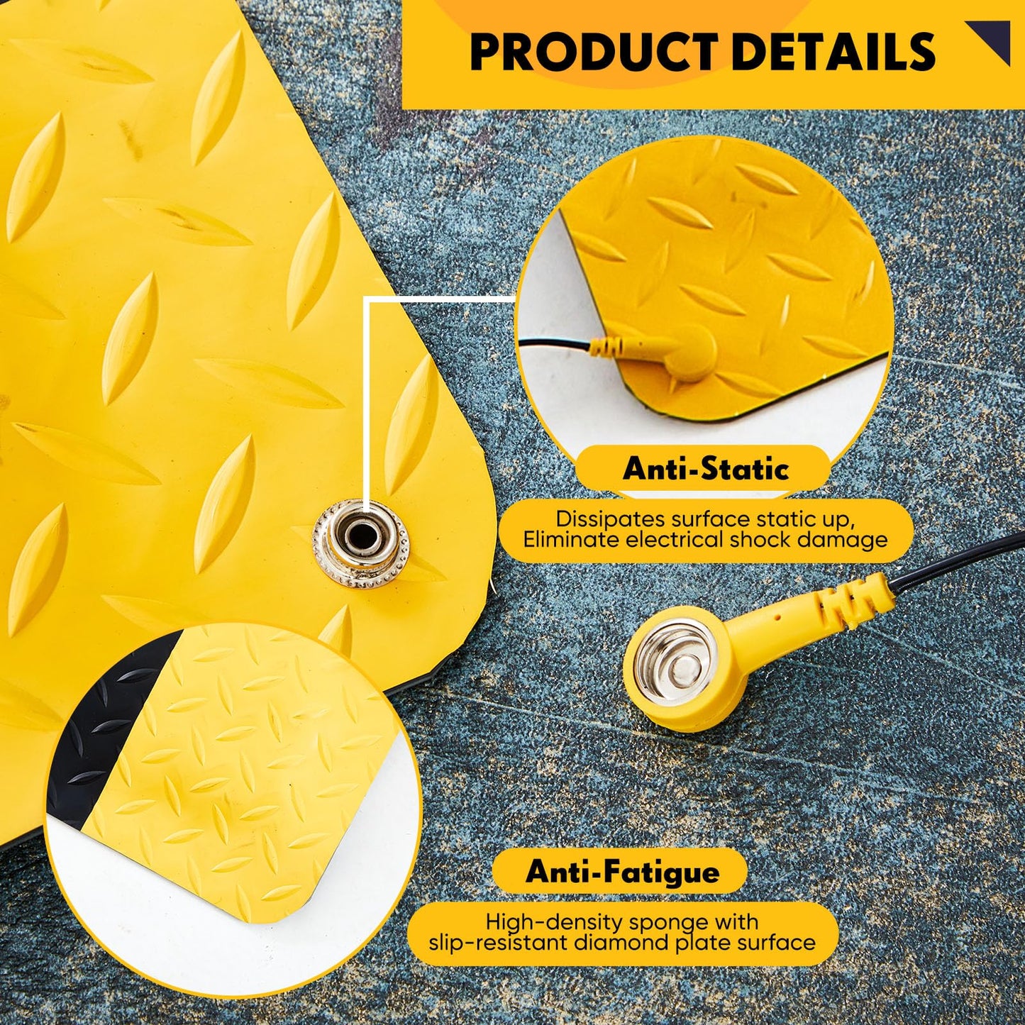 Drydiet 1 Pcs 2'x6' Anti Fatigue Mat Industrial, ESD Conductive Pad with Ground Wire, Heavy Duty Ergonomic Standing Floor Mat for Commercial Work, Shop Stand, Thick 3/4" Black with Yellow Border