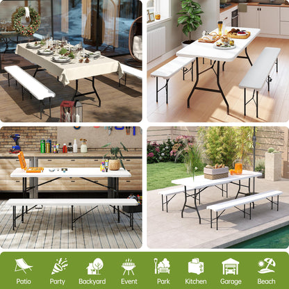 Real Relax 6' Picnic Table with 2 Benches, 3 Piece White Portable HDPE Folding Camping Table and Benches for Courtyard, Garden, Outdoor Leisure, Party