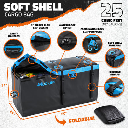 Mockins 60"x24"x6" Folding Trailer Hitch Cargo Carrier w/ 25 Cu Ft Waterproof Cargo Bag for Hitch Carrier | Heavy Duty 500 lbs Steel Luggage Rack for SUV, Car & Truck w/Plate Bracket & Accessories