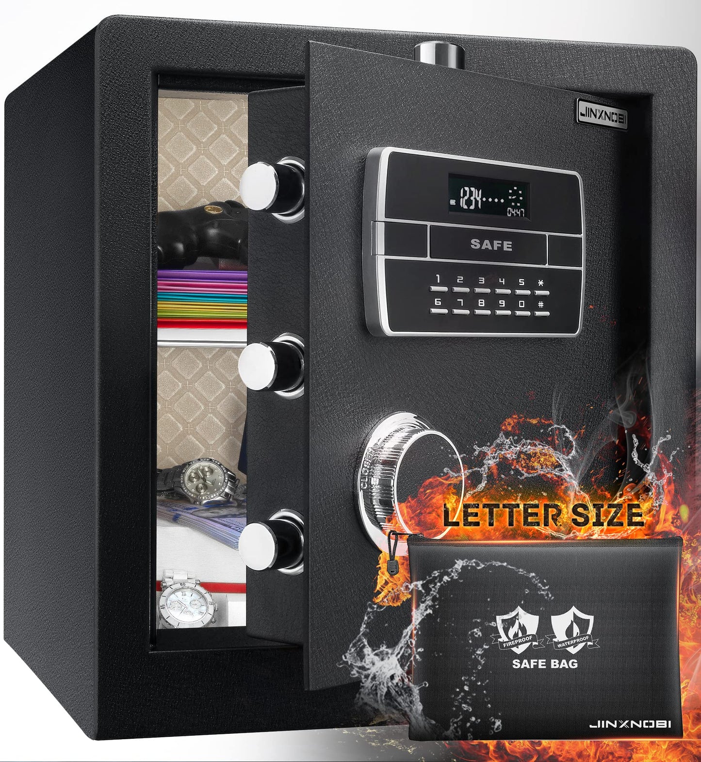 JINXNOBI 2.2 cubic feet Safe Box with fire and waterproof bag,Security home safe cabinet,Digital lock box with Keypad for home,office and hotel to secure documents,pistols