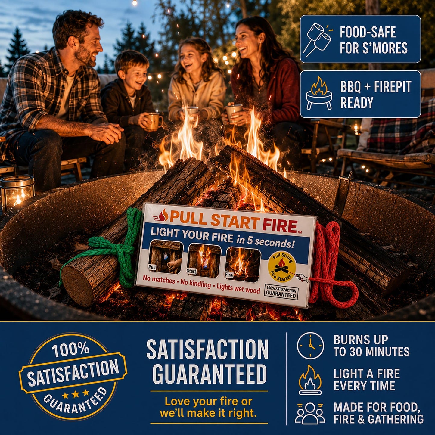 Pull Start Fire Pull String Fire Starter - No Matches Required, Lights Wet Wood, Chimney Starter, Food Safe Firestarter Brick for Campfire Grill, BBQ, Fireplace, Firepit, Burns 30 Minutes - 12 Count