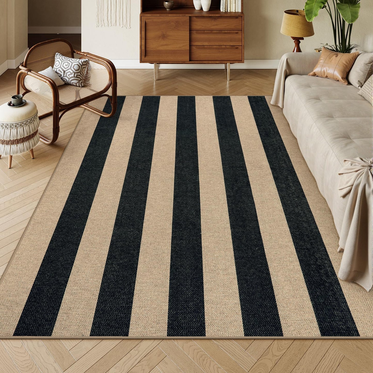 Lahome Elance Striped Easy Jute Dining Room Rug, 6x9 Indoor Outdoor Rugs for Patio Living Room, Farmhouse Neutral Non Slip Low Pile Black Carpet for Bedroom Office Backyard Classroom