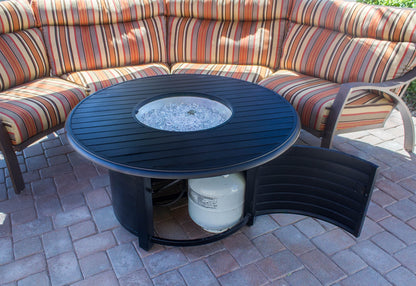 Hiland 48'' Extruded Aluminum Round Slatted Top Propane Fire Pit Table with Lid, Clear Fire Glass, Regulator and Hose, 42,000 BTU, Black