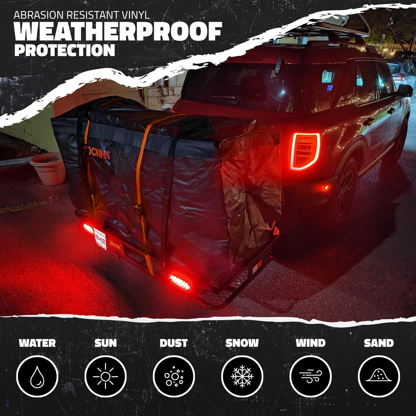 Mockins 60"x20"x6" Heavy-Duty Trailer Hitch Cargo Carrier w/ 20 CuFt Waterproof Cargo Bag | 500 Lb Cap All-Weather Folding Luggage Rack for SUV Car & Truck w/Rear Lights, License Plate Holder & More