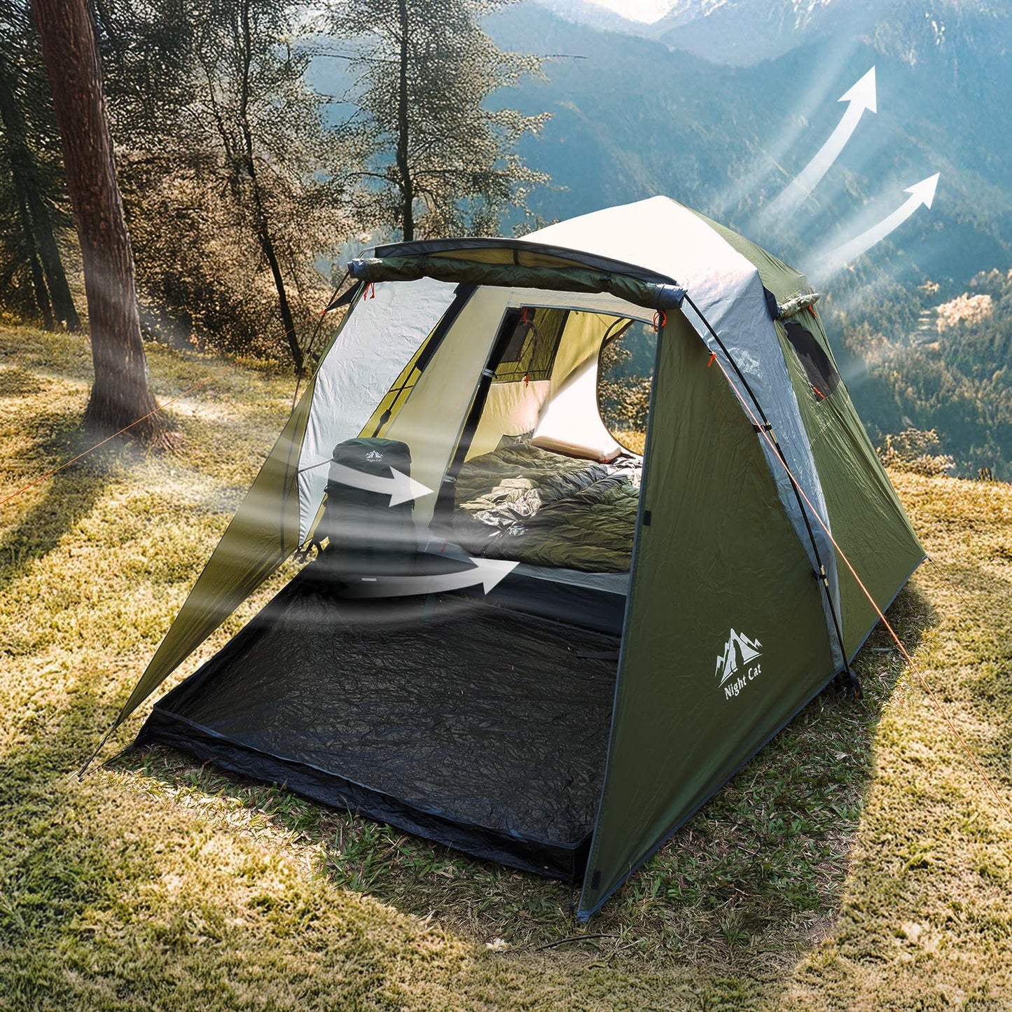 Night Cat Cabin Tent with Vestibule: 3 Persons Pop Up Camping Tent Double Layers Easy Quick Setup Waterproof