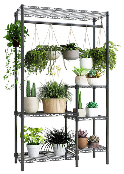 Xiofio Plant Stands for for Indoor Outdoor, Heavy Duty Metal Plant Stand,large Plant Shelf,Adjustable Plant Shelves With Hanging Rod for Living Room,Balcony,Garden,Black