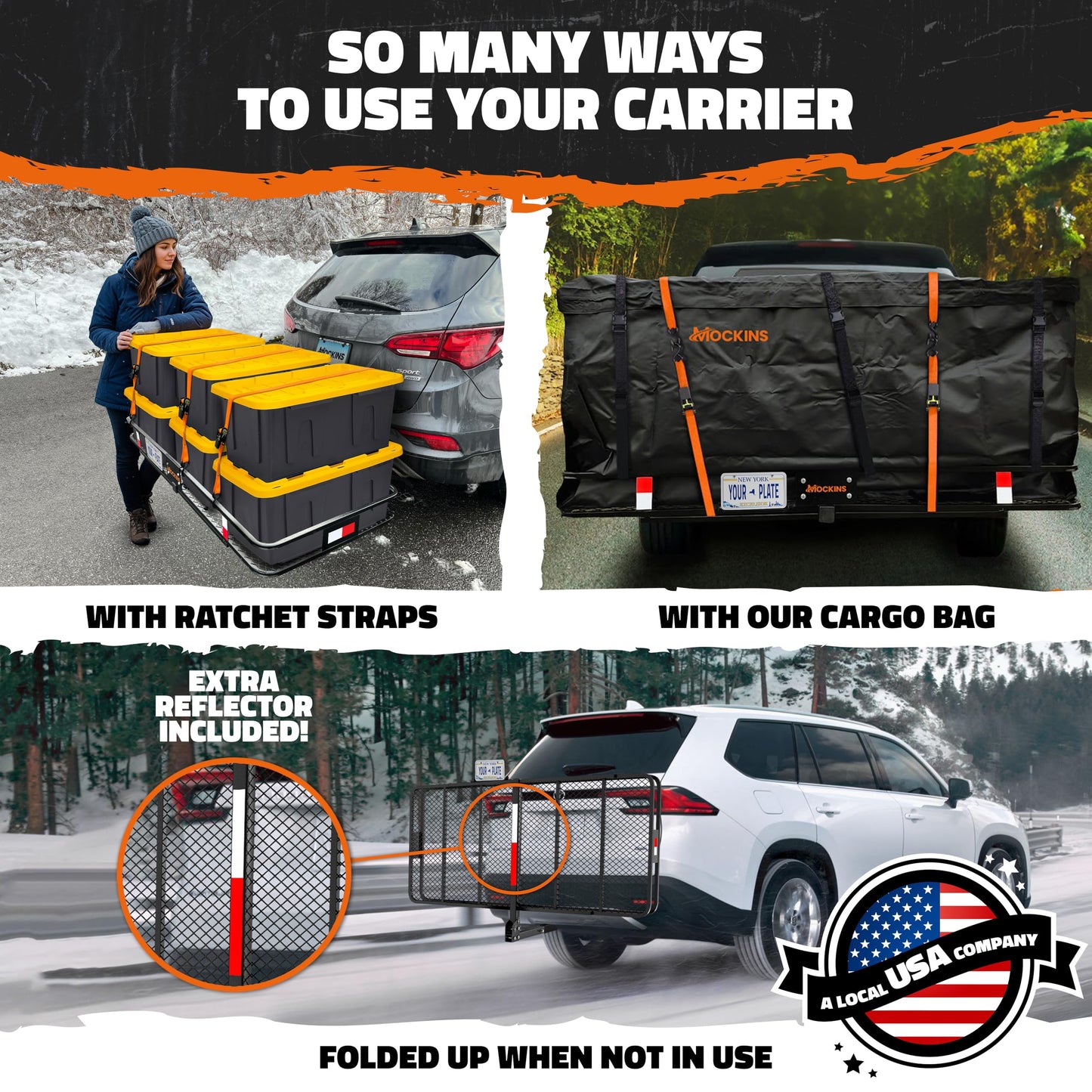 Mockins Folding Luggage Rack for SUV Car Truck ATV & More | 500 lb. Capacity XXL Steel Trailer Hitch Cargo Carrier 70"x30"x6" with Cargo Hitch Carrier Rack Accessories