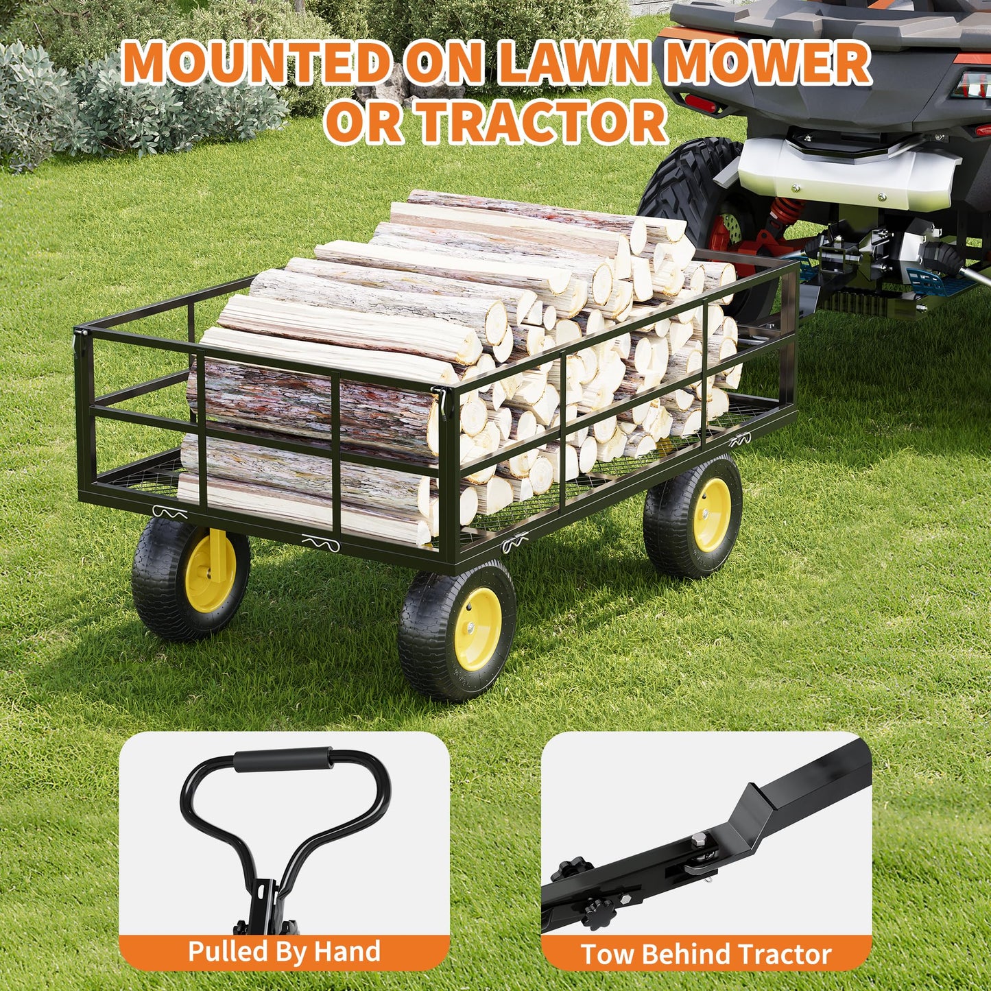 Heavy Duty Steel Garden Cart, 1200 Lbs Garden Wagon with 13" All Terrain Tires, 3-in-1 Metal Utility Wagon with Removable Mesh Side Panels and 180° Rotating Handle for Yard, Lawn and Garden