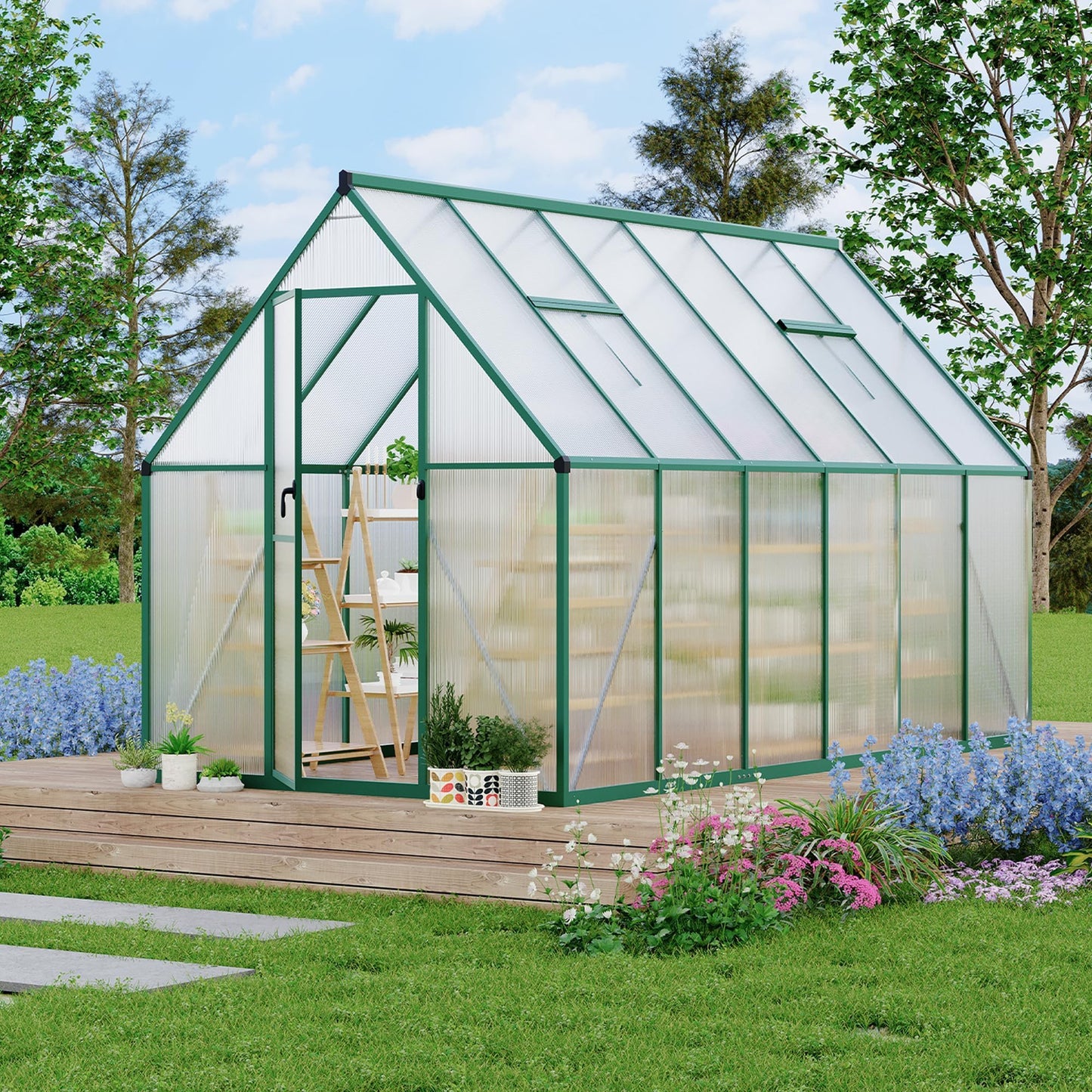 Heavy-Duty 6x11 FT Polycarbonate Greenhouse Kit for Outdoors, All-Weather Walk-in Plant Shelter with Swing Doors, Roof Vent, UV Panels, Fast Setup, Secure, Spacious Gardening