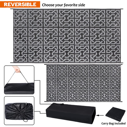 SAND MINE Reversible Mats, Plastic Straw Rug, Modern Area Rug, Large Floor Mat Rug for Outdoors, RV, Patio, Backyard, Deck, Picnic, Beach, Trailer, Camping (9' x 18', Black & Grey)