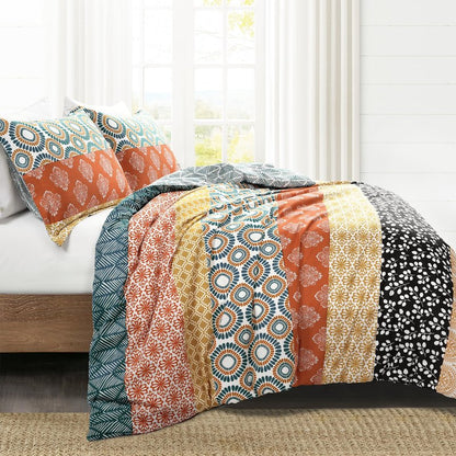 Lush Decor Bohemian Stripe Reversible Cotton Duvet Cover Set, 3 Piece Set, Full/ Queen, Turquoise & Orange - Striped Bedding Set - Queen Duvet Cover Full - Boho Decor