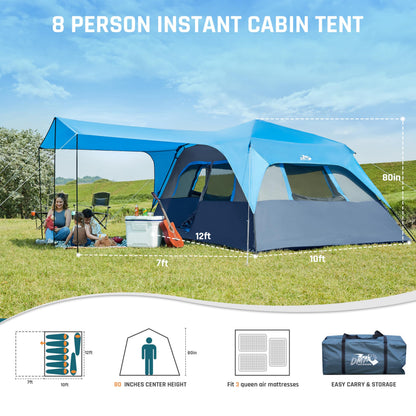 Camping Tent, Instant Cabin Tents for Camping, 8-Person Family Tent, Easy Setup in 60 Seconds with Porch, Large Waterproof Tents for Outdoor Camping, 5 Mesh Windows, Upgraded Ventilation (Blue)