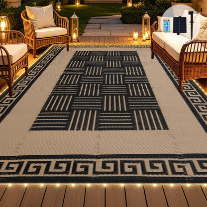 YONILE Solar LED Outdoor Rug 9x12 ft Waterproof for Patios Clearance,Reversible Outdoor Plastic Straw Rug, RV Mat Outside, Indoor Outdoor Carpet for Porch, Deck, Backyard, Balcony, Picnic
