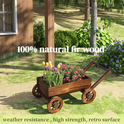 PULIJIAJU Wooden Wagon Garden Planter Cart with Wheels Rustic Flower Pot – Indoor Outdoor Patio Backyard Balcony Decor for Succulents, Flowers and Plants（Carbonized-L