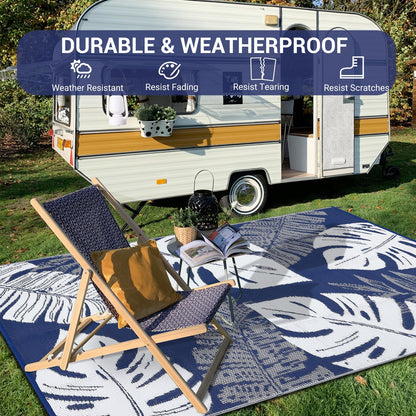 IDEALHOUSE Outdoor Rug 9x18 Ft, Waterproof Plastic Reversible Rug, Modern Leaf Pattern Plastic Camping Mat for Outdoors, RV, Patio, Backyard, Deck, Picnic, Beach, Traile(Dark Blue & White)