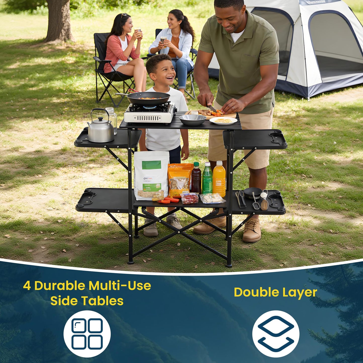 Foristrail Slim-Fold Camping Kitchen Table, Metal Folding Portable Outdoor Cook Station with 4 Side Tables, 2 Storage Shelves & Carrying Bag, Heat Resistant Quick Set-Up for Picnic BBQ