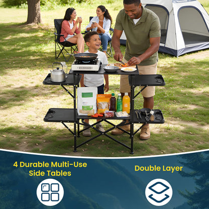 Foristrail Slim-Fold Camping Kitchen Table, Metal Folding Portable Outdoor Cook Station with 4 Side Tables, 2 Storage Shelves & Carrying Bag, Heat Resistant Quick Set-Up for Picnic BBQ