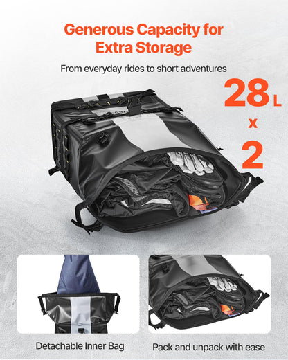 VEVOR Motorcycle Saddle Bags, 56L(28L*2) Waterproof Motorcycle Luggage Saddlebags Set of 2 with Detachable Shoulder Strap, Heavy-Duty Shoulder Bag Fit for Most Outdoor Adventure Sports Motorbike