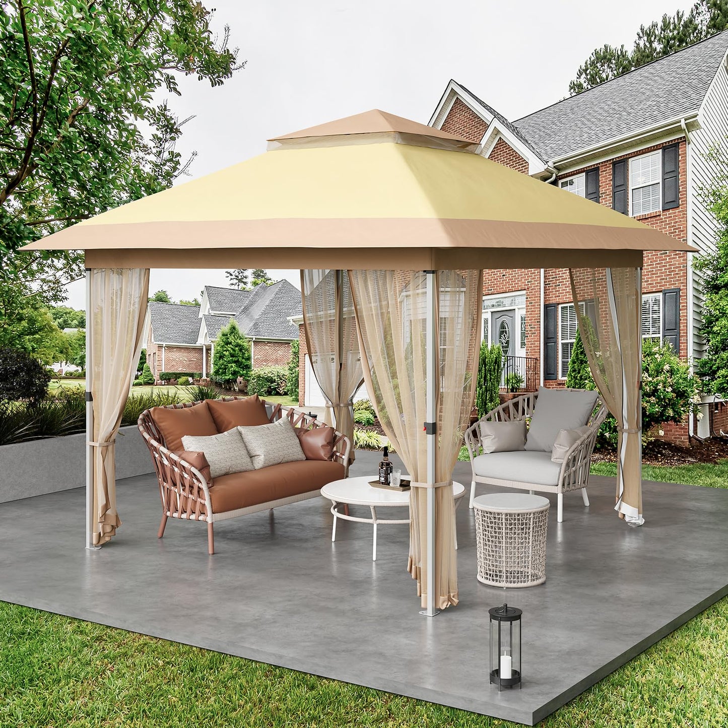 10x10 Pop Up Gazebo Tent with Mosquito Netting & Water,Resistant Oxford Canopy with Roller Bag,Instant Setup Outdoor Shelter for Backyard, Patio, Parties, Weddings, Outdoor Dining，Beige+Khaki