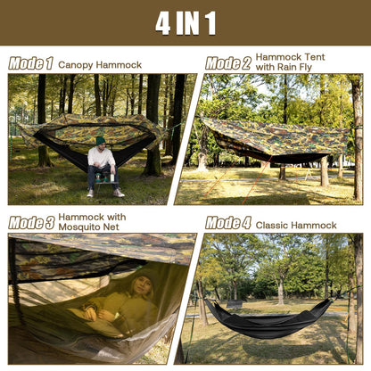 Night Cat Camping Hammock Tent: Lightweight Portable 4 in 1 Hammock with Rain Tarp and Mosquito Net for Adults Hiking Jungle Outdoor Camouflage