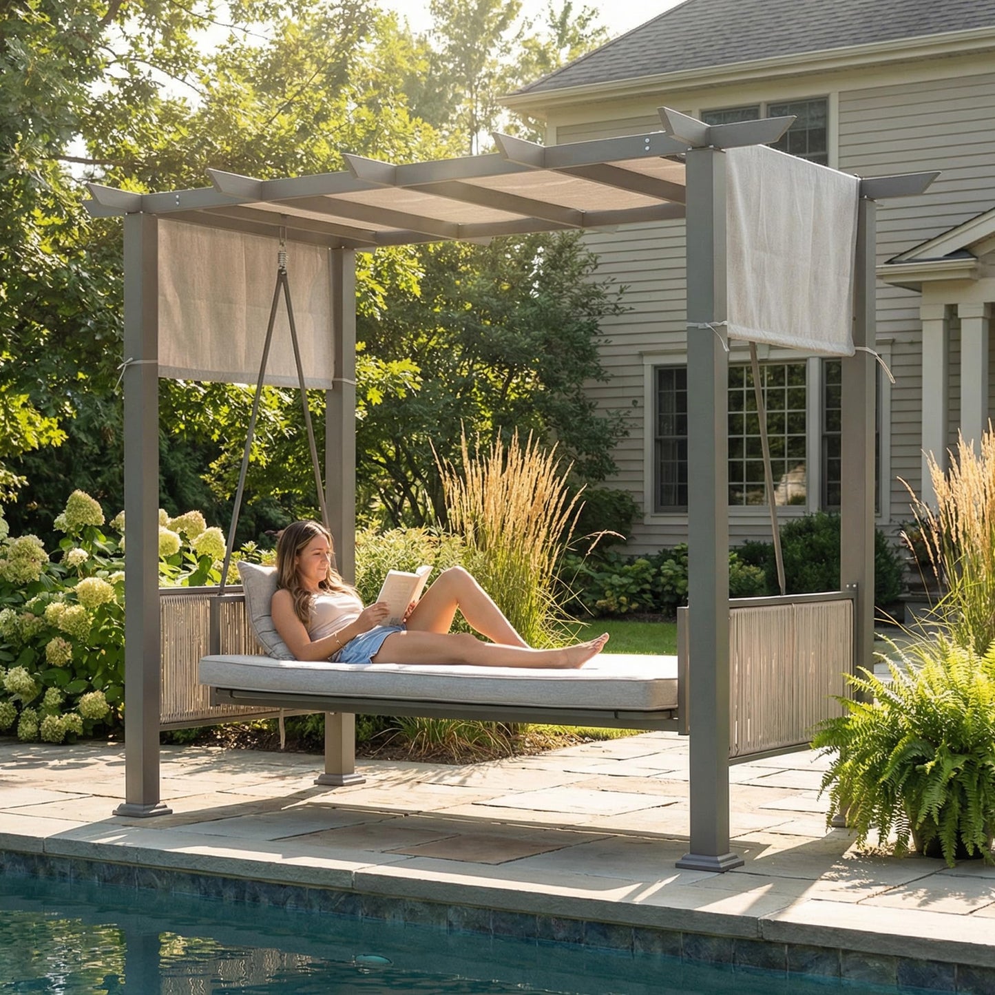 Pamapic 3-Seat Porch Swing with Stand, 990 LBS 2 in 1 Convertible Bed Patio Swings with Canopy Adjustable, Wicker Side Panel Swing Chair Outdoor with Cushion for Backyard, Porch, Garden (Gray)