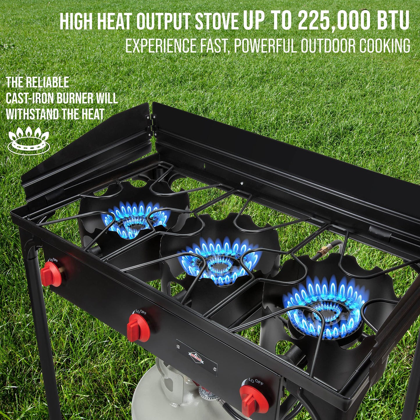 Hike Crew Cast Iron 3-Burner Outdoor Gas Stove | 225,000 BTU Portable Propane Cooktop w/Blue Flame Control, Removable Legs, Temperature Control Knobs, Wind Panel, Hose, Regulator & Storage Carry Case
