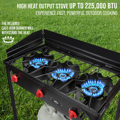 Hike Crew Cast Iron 3-Burner Outdoor Gas Stove | 225,000 BTU Portable Propane Cooktop w/Blue Flame Control, Removable Legs, Temperature Control Knobs, Wind Panel, Hose, Regulator & Storage Carry Case