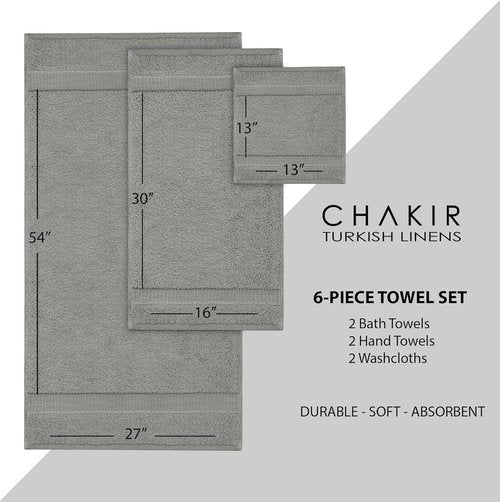 Chakir Turkish Linens Luxury Cotton Towel Set - 6-Piece Spa Quality (2 Bath, 2 Hand, 2 Washcloths)