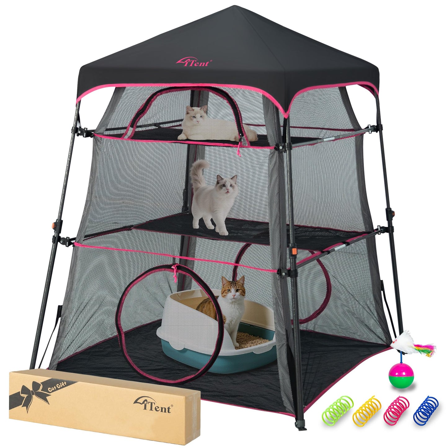 Pop Up Catio Cat Enclosure for Indoor and Outdoor with Waterproof Bottom,3 Tier Spacious Cat Tower Tent,Portable Outdoor Cat Tent for Patio,Balcony, Deck & Camping Weatherproof & Sunproof-Rose