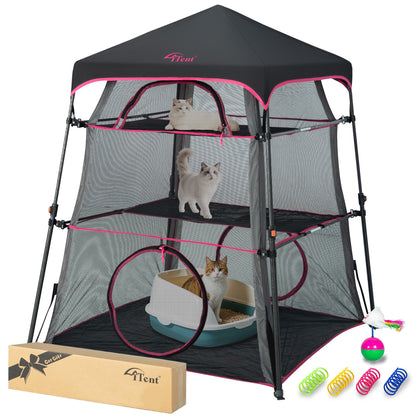 Pop Up Catio Cat Enclosure for Indoor and Outdoor with Waterproof Bottom,3 Tier Spacious Cat Tower Tent,Portable Outdoor Cat Tent for Patio,Balcony, Deck & Camping Weatherproof & Sunproof-Rose