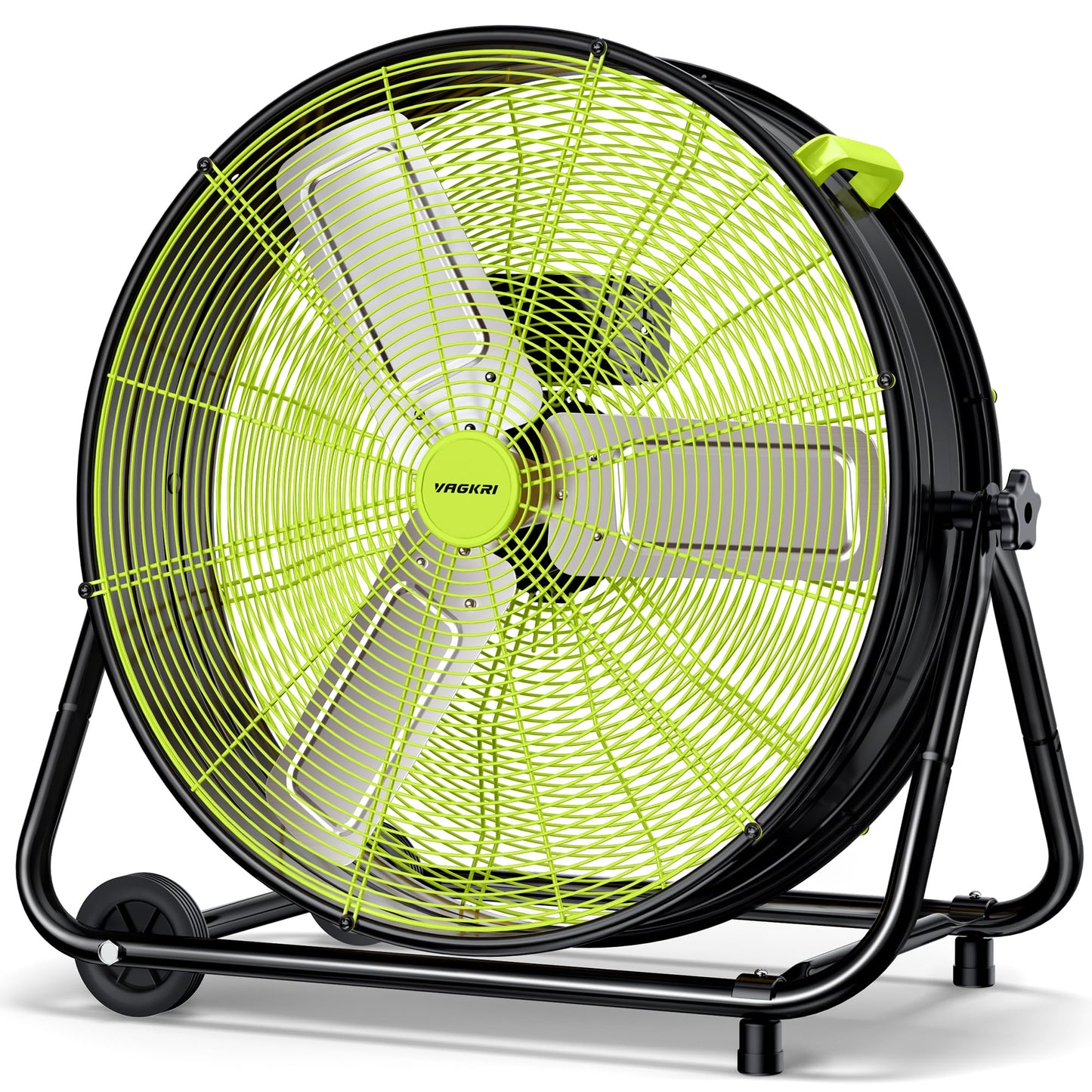 VAGKRI 24 Inch Industrial Drum Fan, 320W High Velocity Floor Fan, 3 Speed Heavy Duty Metal Air Circulator, 360° Tilt with Casters Handle ETL Standard for Patios, Warehouse, Commercial,Basement (Green)