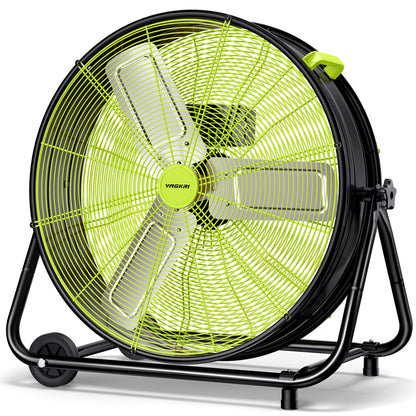 VAGKRI 24 Inch Industrial Drum Fan, 320W High Velocity Floor Fan, 3 Speed Heavy Duty Metal Air Circulator, 360° Tilt with Casters Handle ETL Standard for Patios, Warehouse, Commercial,Basement (Green)