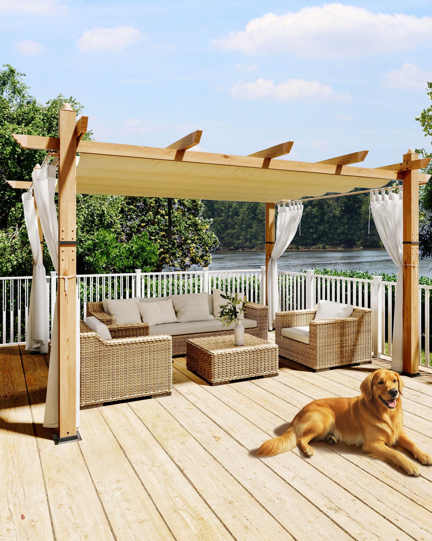 KYBOLT 10x13 Ft Outdoor Pergola with Retractable Canopy Aluminum Gazebo Imitation Wood-Grain Post with Side Mesh Screen Pavilion for Backyard Deck-Beige+White