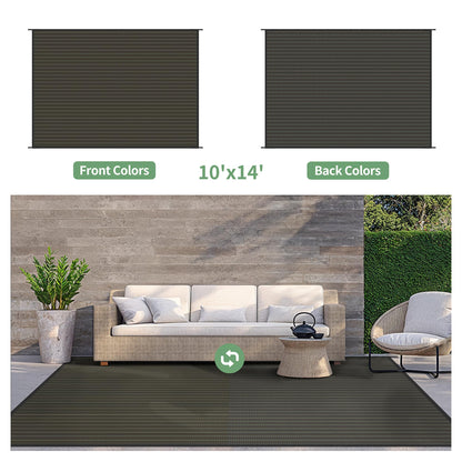 GENIMO Outdoor Rug for Patio Clearance, 10'x14' Reversible Plastic Straw Rugs, Lightweight Waterproof RV Camping Mat for Camper, Balcony, Deck, Backyard, Picnic, Black & Brown