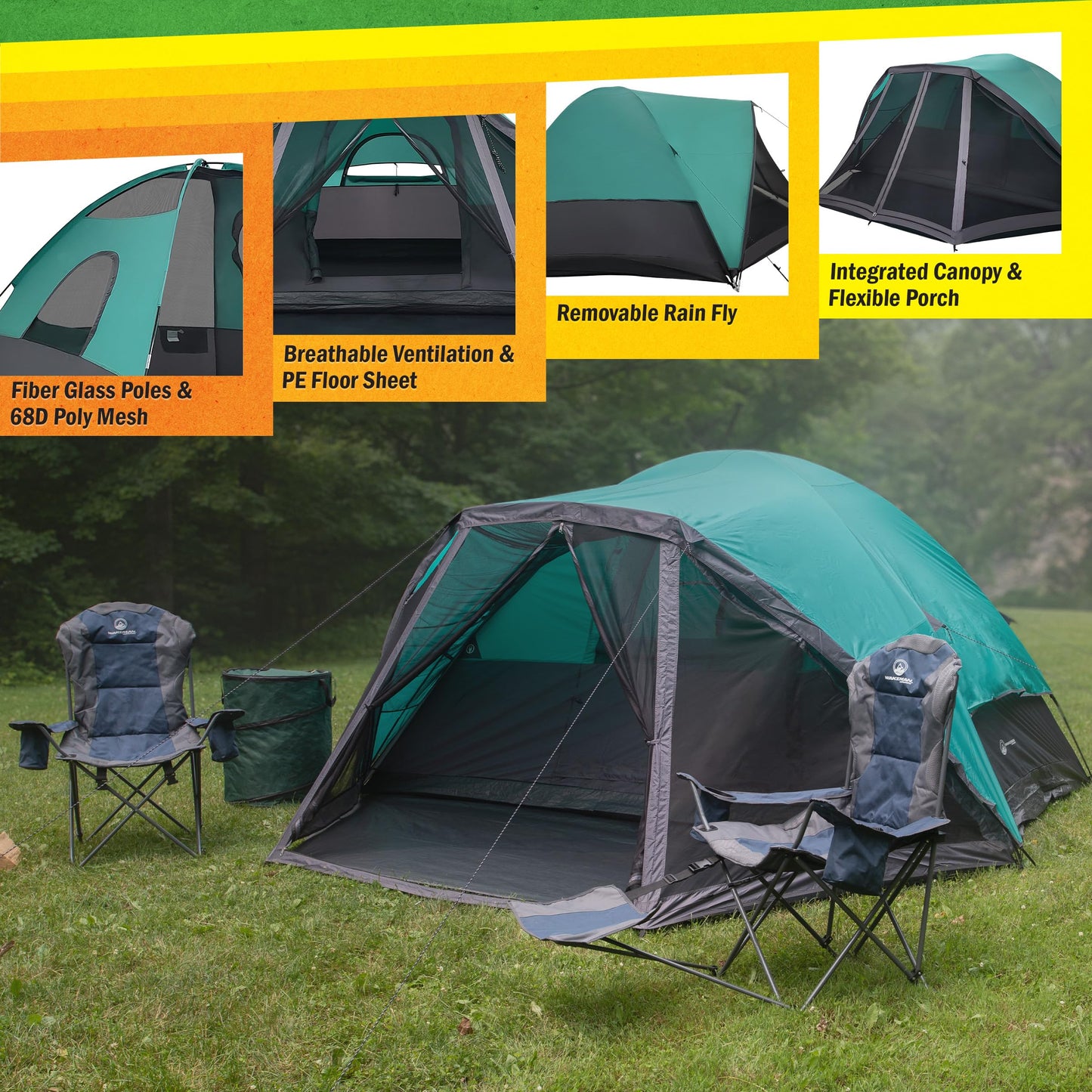 6 Person Camping Tent - Water-Resistant Cabin Style Outdoor Shelter with Built-in Screen Tent and Carrying Bag by Wakeman Outdoors (Teal)