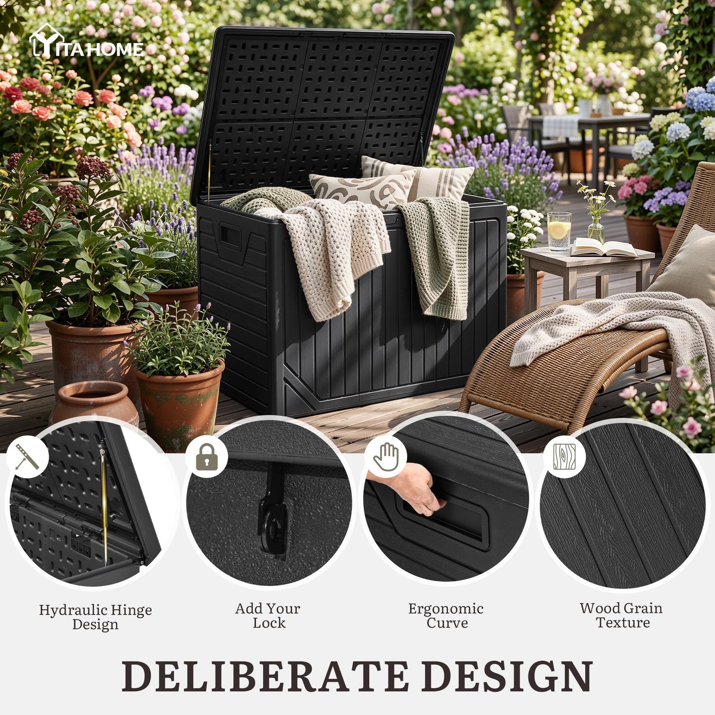 YITAHOME XXL 230 Gallon Extra Large Outdoor Deck Box, Lockable Resin Double-Wall Storage Box and Waterproof Patio Furniture Bin for Garden Tools & Pool Accessories, Black