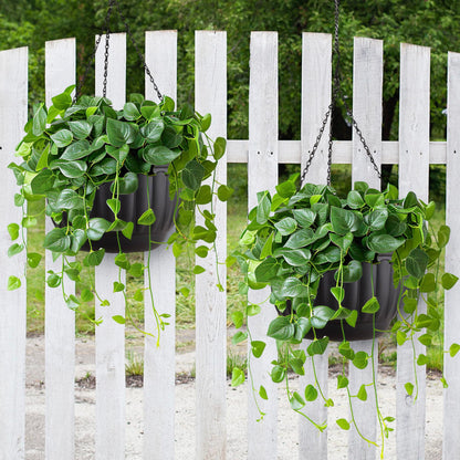 YIKUSH Planters for Outdoor Plants 2 Pack Black Plant Pots with Drainage Hole and Absorbing Tray Hanging Planters for Indoor Plants (12 inch, 3 Hooks)