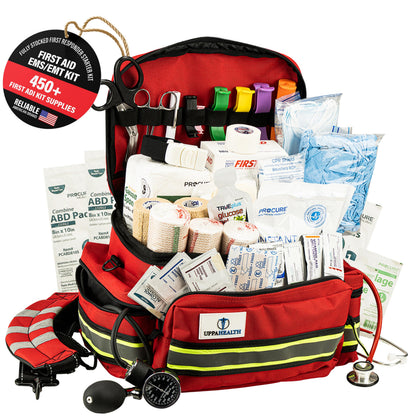 UppaHealth First Responder Fully Stocked Trauma First Aid Kit – EMT/EMS Emergency Medical Bag with 450+ Supplies for Home, Car, Workplace & Camping