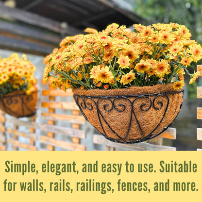 LaLaGreen Outdoor Wall Planters (2 Pack, 14 Inch) Black Metal Wall Mounted Hanging Basket with Coco Liner, Semi-Circle Flower Pot Plant Holder for Fence Railing Deck Porch Balcony French Garden Decor