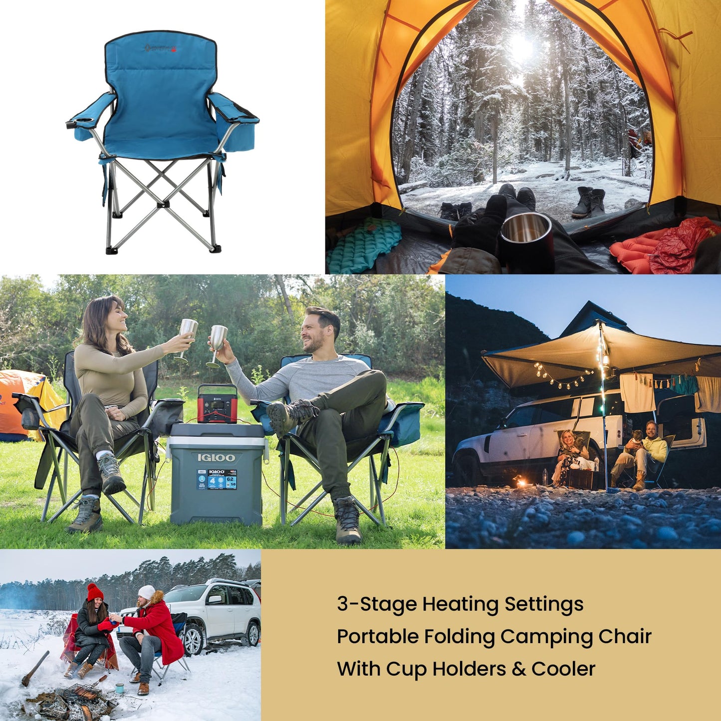 ARROWHEAD OUTDOOR 2-Pack Heated Folding Camping Chair with Cooler, 3 Heat Settings, Cup & Wine Glass Holder, Carrying Bag, Battery NOT Included, Supports up to 330lbs