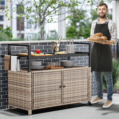 YITAHOME XL Outdoor Storage Cabinet, Outdoor Storage Cart with Wheels and Black Glass Table Top for Patio, Outdoor Cabinet for Poolside and Backyard (Light Brown)