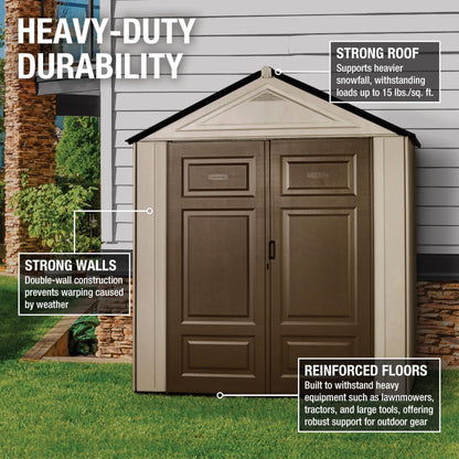 Rubbermaid Resin Outdoor Storage Shed With Floor (7 x 3.5 Ft.) Weather Resistant Brown/Grey Organization for Home/Lawn Mower/Backyard Equipment/Bike Storage/Pool Supplies