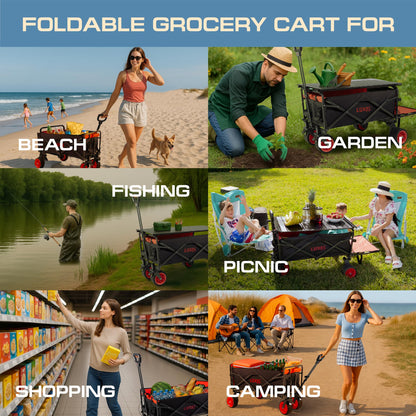 Electric Foldable Collapsible Wagon Cart 220lbs Capacity - Heavy Duty Wagons 200L with All Terrain Wheels & Tailgate - Beach Canvas Utility Carts - Portable for Outdoor Camping Shopping Sports Hiking