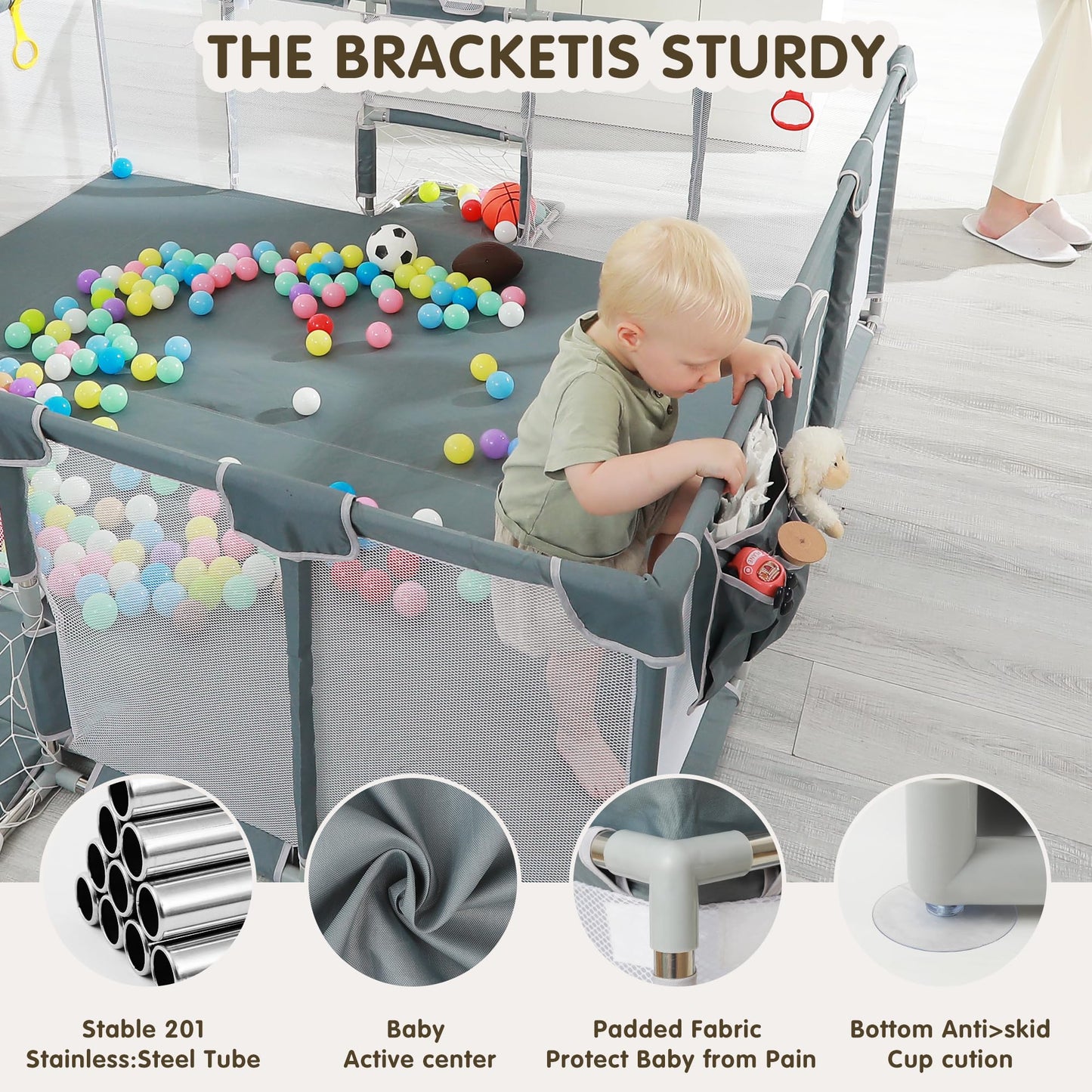 XNWQL Baby Playpen, 79"x71" Indoor ＆ Outdoor Playpen with Breathable Play Pen with Ocean Balls Hanging Pocket Basketball Hoop and Football Goal