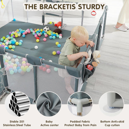 XNWQL Baby Playpen, 79"x71" Indoor ＆ Outdoor Playpen with Breathable Play Pen with Ocean Balls Hanging Pocket Basketball Hoop and Football Goal