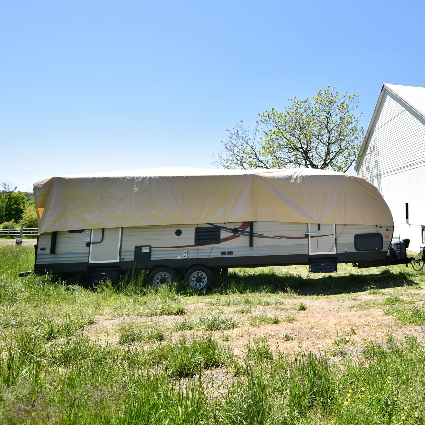Budge RV Rooftop Cover Fits Multiple RV Classes up to 50' Long (Tan, Polyester), 20' Long x 16' Wide