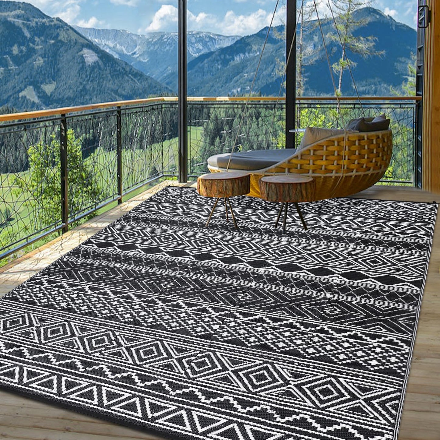 COZYLOOM Outdoor Rug 10' x 20' Waterproof for Patios Clearance, Reversible Outdoor Plastic Straw Camping Rug Carpet, Large Rugs Mats for RV, Camper, Deck, Balcony, Porch, Beach, Picnic,Black & White